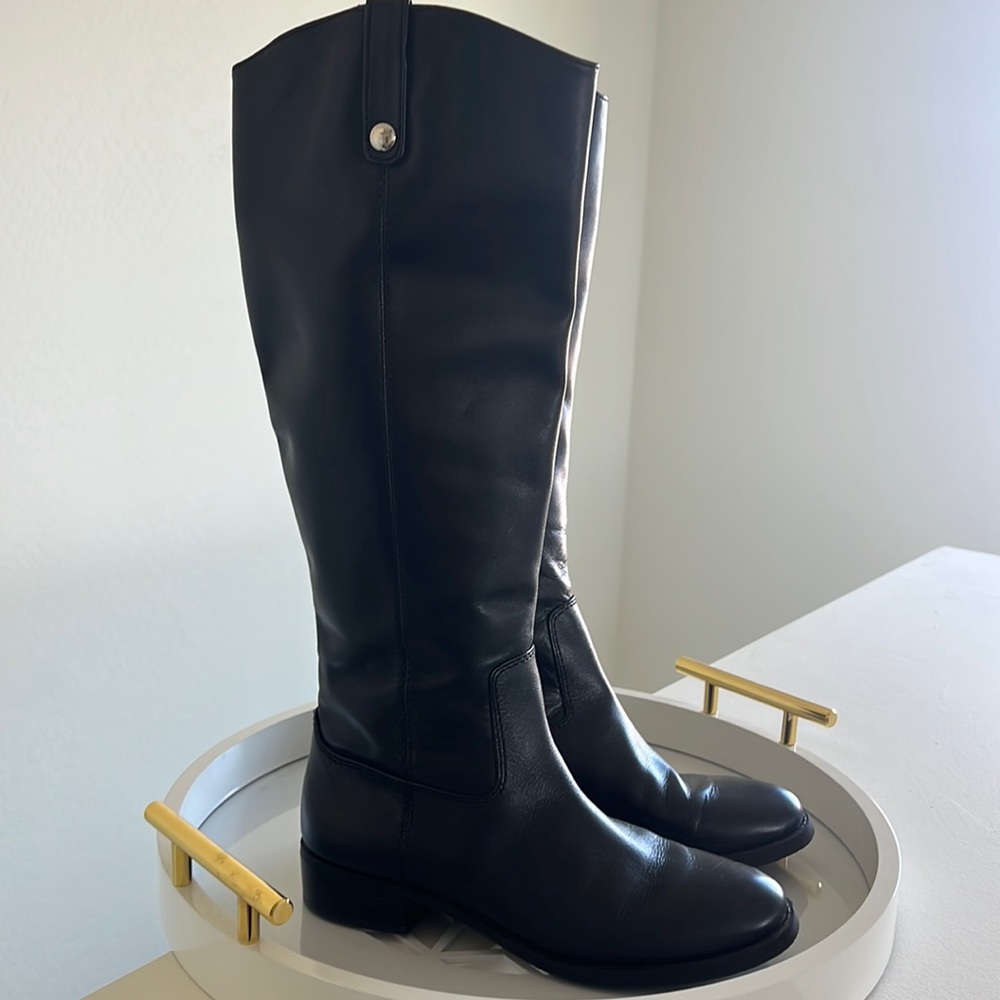 INC Womens Black Fawne Round Toe Stacked Heel Zip-Up Leather Riding Boot